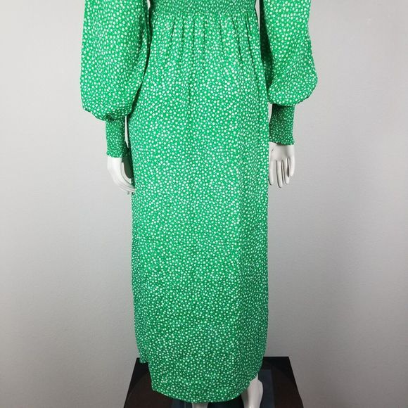 Rixo Marianne Green Micro Floral Smocked Prarie Silk Blend Midi Dress Size XXS - Picture 7 of 14